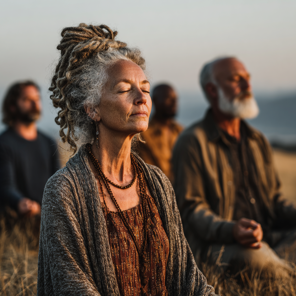 Group of mature adults aged 45-55 in meditation pose outdoors, diverse people finding peace and balance in nature setting