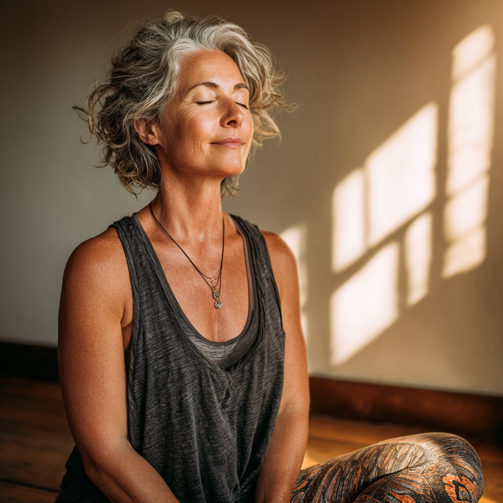 Mature woman in comfortable yoga pose with peaceful expression, practicing gentle yoga in natural light studio setting
