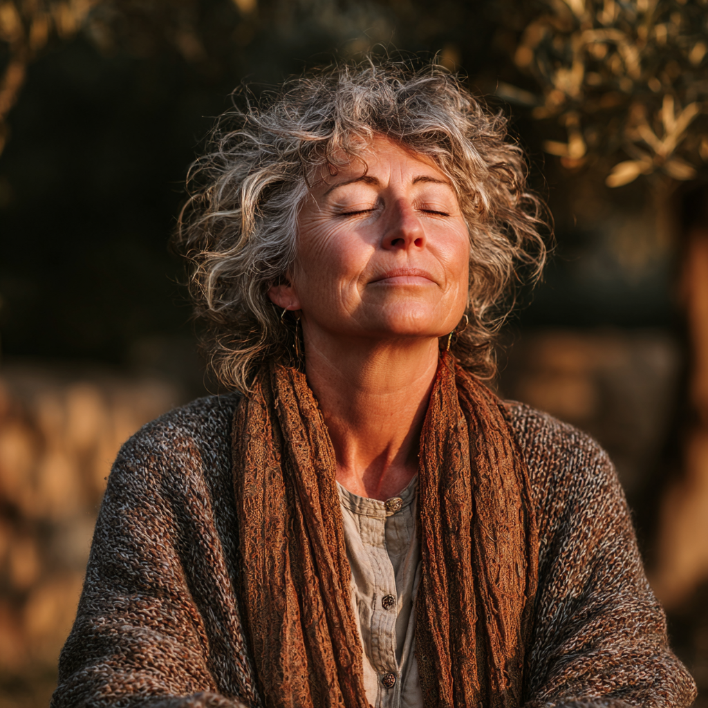 Peaceful mature woman with closed eyes in meditation pose, serene facial expression, sitting cross-legged in quiet natural environment